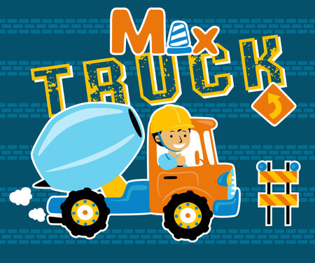 A worker driving mixer concrete truck. Construction element. Vector cartoon illustrationのイラスト素材