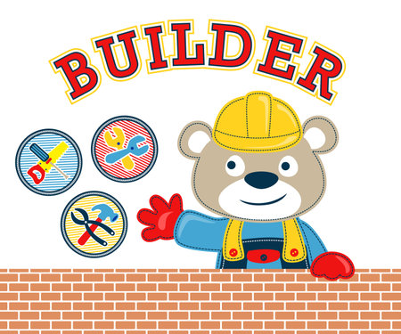 Funny bear cartoon in builder costume with tools. Vector cartoon illustrationのイラスト素材
