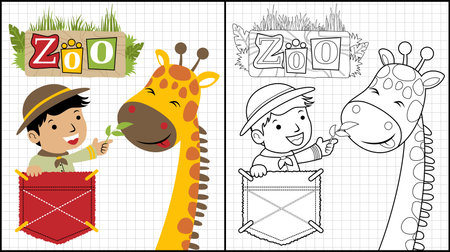 Coloring book of little boy cartoon in pocket with funny giraffeのイラスト素材