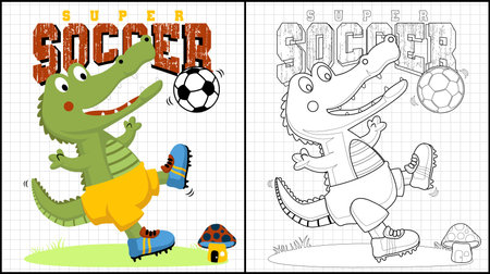 Coloring book of funny dinosaur cartoon playing soccerのイラスト素材