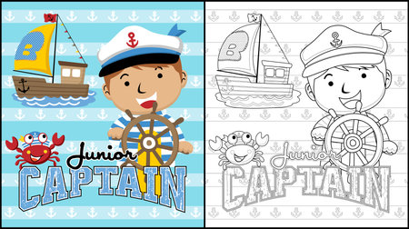 Coloring book of cartoon boy in sailor costume holding steering wheel with crab and sailboatのイラスト素材