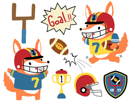 Vector set of cartoon fox in rugby player costume, rugby elements illustrationのイラスト素材