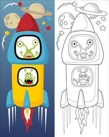 Vector illustration of aliens cartoon in rocket on planets background, coloring book or page for kidsのイラスト素材