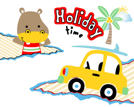 Vector illustration of hippo cartoon, little car, coconut tree, clouds and sun. Summer holiday elements cartoonのイラスト素材