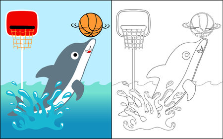 Coloring book vector with dolphin playing basketball in waterのイラスト素材
