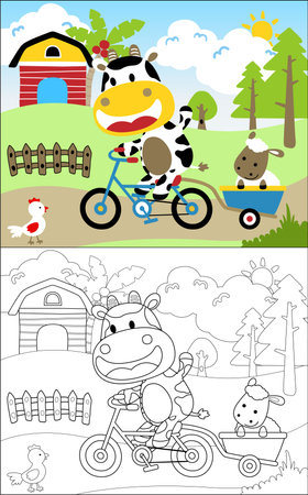 Coloring book vector of funny cow riding bicycle pulling sheep on wheelbarrow. Farmyard animals on farm field backgroundのイラスト素材
