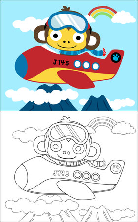Coloring book vector with funny monkey on airplaneのイラスト素材