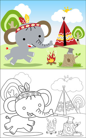 Coloring book vector of cute elephant in Indian tribe costume in jungleのイラスト素材