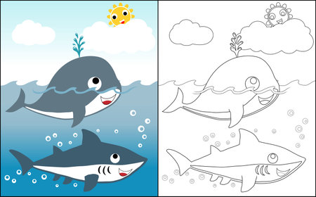 Coloring book vector with whale and shark in the sea at summerのイラスト素材