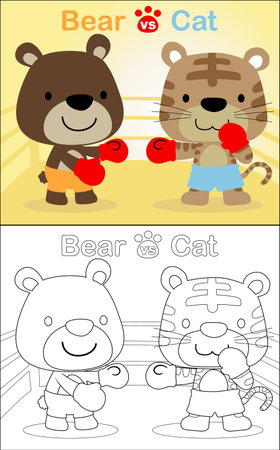 Vector illustration of coloring book, boxing matches cartoon between bear and catのイラスト素材