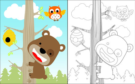 Coloring book of funny little bear cartoon climb a tree to take honey in forest, owl fly aboveのイラスト素材