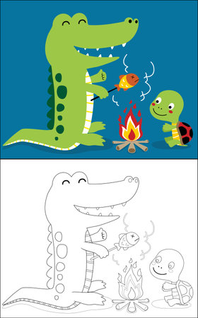 Vector illustration of coloring book with crocodile cartoon and little turtle grilling fish on bonfireのイラスト素材