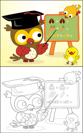 Coloring book or page of birds cartoon. Owl wearing graduation hat teaching math to little birdsのイラスト素材