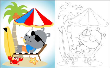 Coloring book or page, funny rhino cartoon lying on beach chairs, relaxing under coconut tree with crab and starfishのイラスト素材