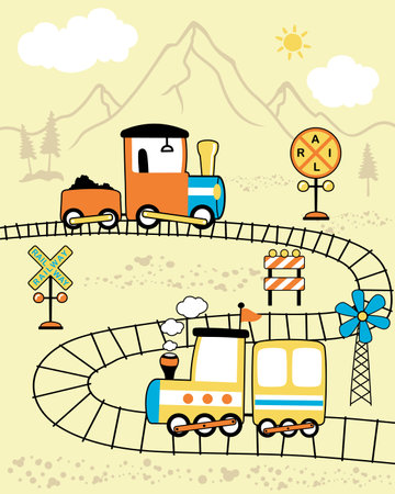 Locomotive cartoon vector on mountain background. Railway elements cartoonのイラスト素材