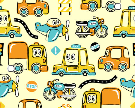 Seamless pattern vector of hand drawn funny vehicles with traffic signsのイラスト素材