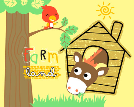 Vector illustration of horse cartoon in stable, cute bird on treeのイラスト素材