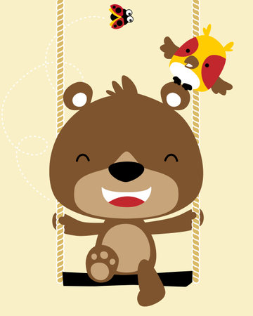 Funny little bear cartoon playing swing with owl and ladybugのイラスト素材