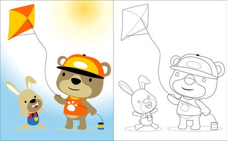 Vector cartoon of cute bear and bunny playing kite , coloring book or pageのイラスト素材