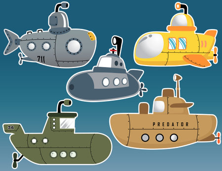 vector set of different submarine cartoonのイラスト素材