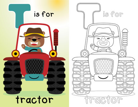 Coloring book or page of cartoon funny  farmer bear on red tractorのイラスト素材