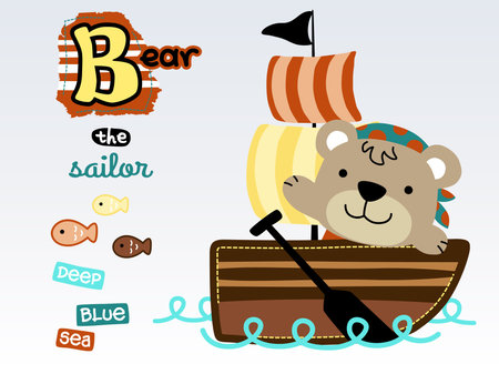 Vector cartoon of funny bear on sailboat, with colorful fishesのイラスト素材