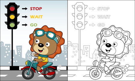 Coloring book of lion cartoon riding motorcycle in city road, vector illustrationのイラスト素材