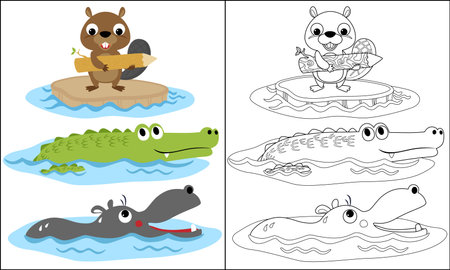 Funny swimmer animals. Beaver, crocodile and hippopotamus. Coloring page or bookのイラスト素材