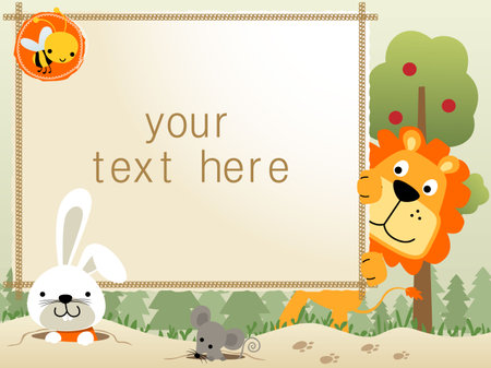 frame border template with funny animals cartoon on trees backgroundのイラスト素材