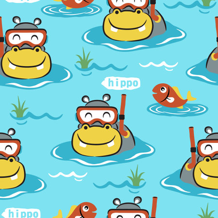 seamless pattern vector of hippo cartoon wearing diving mask with a little fishのイラスト素材