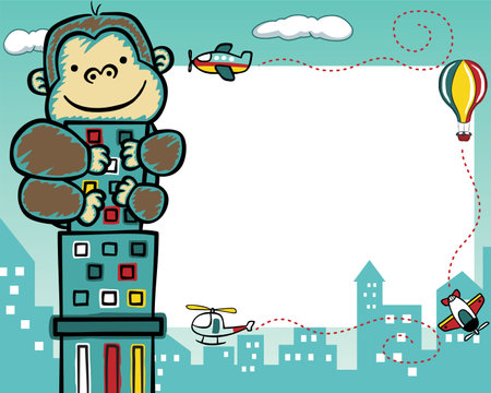 frame border of king kong cartoon climbing on building with air transportations, for kids party invitation card template.のイラスト素材