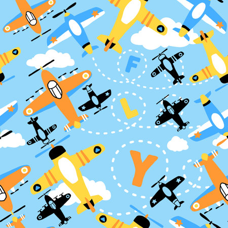 seamless pattern vector of airplane cartoon, flight elements illustrationのイラスト素材