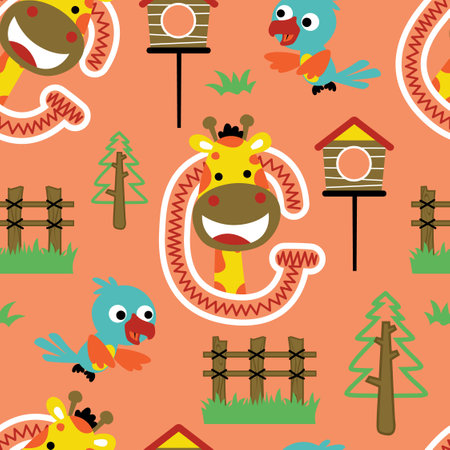 Seamless pattern vector of giraffe and bird cartoon, zoo elements illustrationのイラスト素材