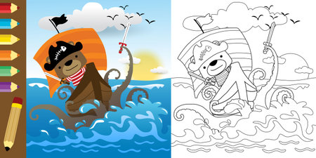 Vector illustration of cute bear in pirate costume on sailboat fighting with monster of sea, coloring book or pageのイラスト素材