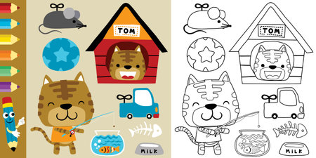 funny cat cartoon with its toys, pet elements vector illustration, coloring book or pageのイラスト素材
