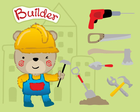 Vector cartoon of bear in builder costume with builder toolsのイラスト素材