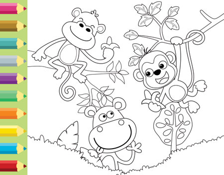 coloring book or page with funny monkey cartoon holding bananaのイラスト素材