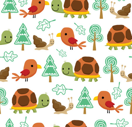 Vector seamless pattern of funny little animals cartoon with trees. Turtle, birds and snailのイラスト素材