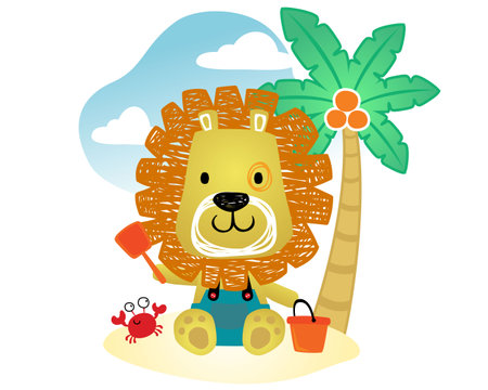 Vector cartoon of cute lion under coconut tree holding shovel and bucket with crabのイラスト素材