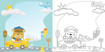Vector cartoon of cute bear driving taxi, transport elements, coloring book or pageのイラスト素材