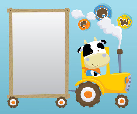 Vector illustration of funny cow cartoon on tractor pulling wooden frame border templateのイラスト素材