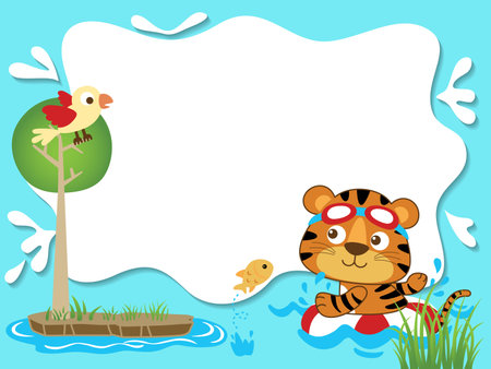 Vector cartoon of blank empty sign, tiger swimming using lifebuoy in river, bird on treeのイラスト素材