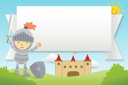 Vector illustration of cartoon knight on castle background with banner, fairytale elementsのイラスト素材