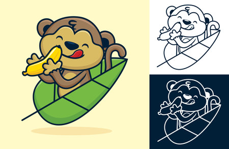 Funny monkey holding a banana on leaf. Vector cartoon illustration in flat icon styleのイラスト素材