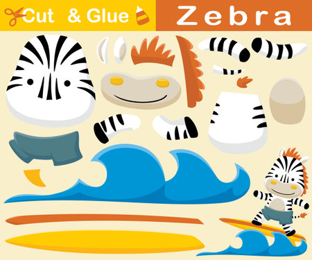 Funny zebra surfboarding. Education paper game for children. Cutout and gluing. Vector cartoon illustrationのイラスト素材