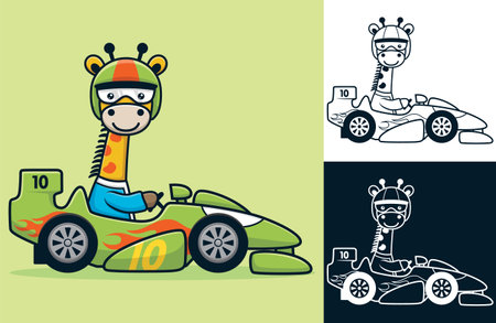 Funny giraffe wearing helmet driving racing car. Vector cartoon illustration in flat icon styleのイラスト素材