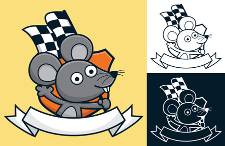 Funny mouse holding checkered flag with ribbon logo decoration. Vector cartoon illustration in flat icon styleのイラスト素材