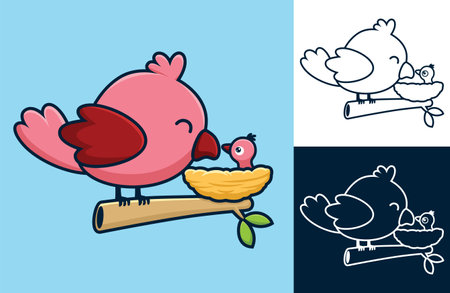 A bird on tree branches with it baby in the nest. Vector cartoon illustration in flat icon styleのイラスト素材