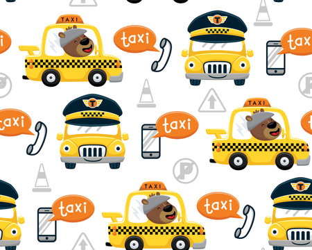 Seamless pattern vector of cartoon bear driving taxi, mobile transportation elements and traffic signsのイラスト素材