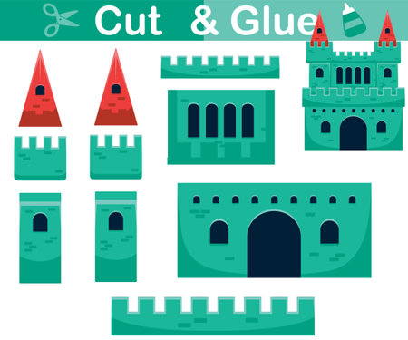 Cartoon castle illustration. Education paper game for children. Cutout and gluingのイラスト素材
